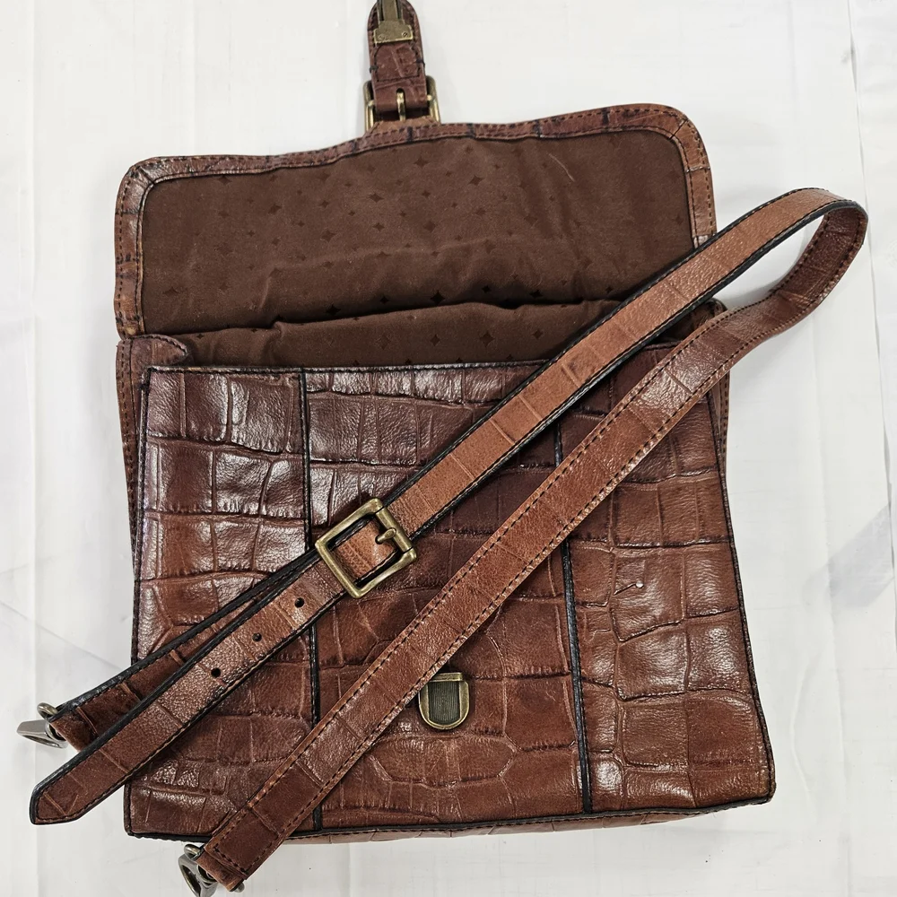 Fossil Croc-Embossed Brown Leather Satchel